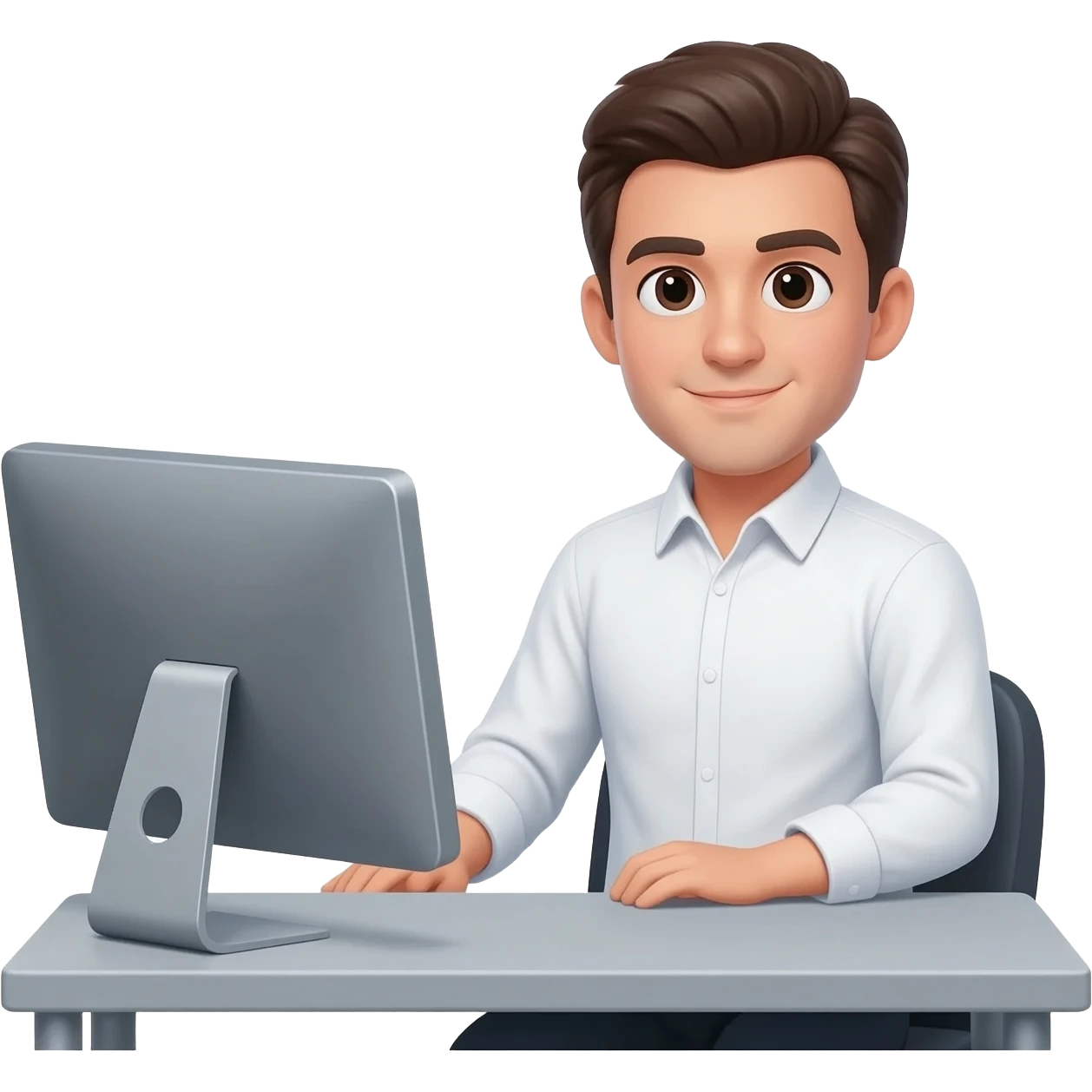 Hombre camisa manga larga en escritorio con pc sin taza de cafe emoji