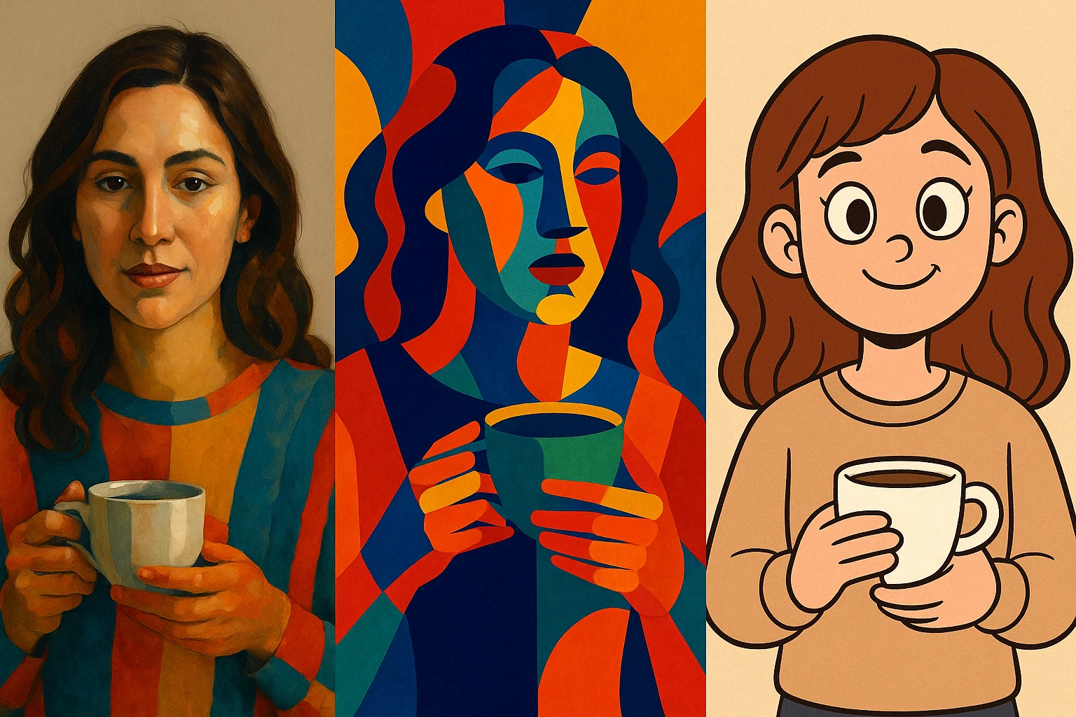 woman holding coffee, diverse styles 3 emoji