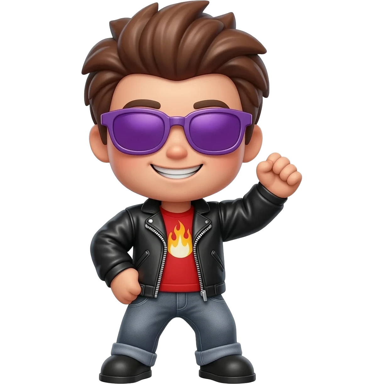 Cool Roblox boy avatar emoji, brown hair, purple sunglasses, smiling face, black leather jacket, red shirt with flame design, gray jeans, confident pose with one hand raised, playful and stylish vibe, 3D cartoon style, bright lighting, cute gaming emoji style emoji