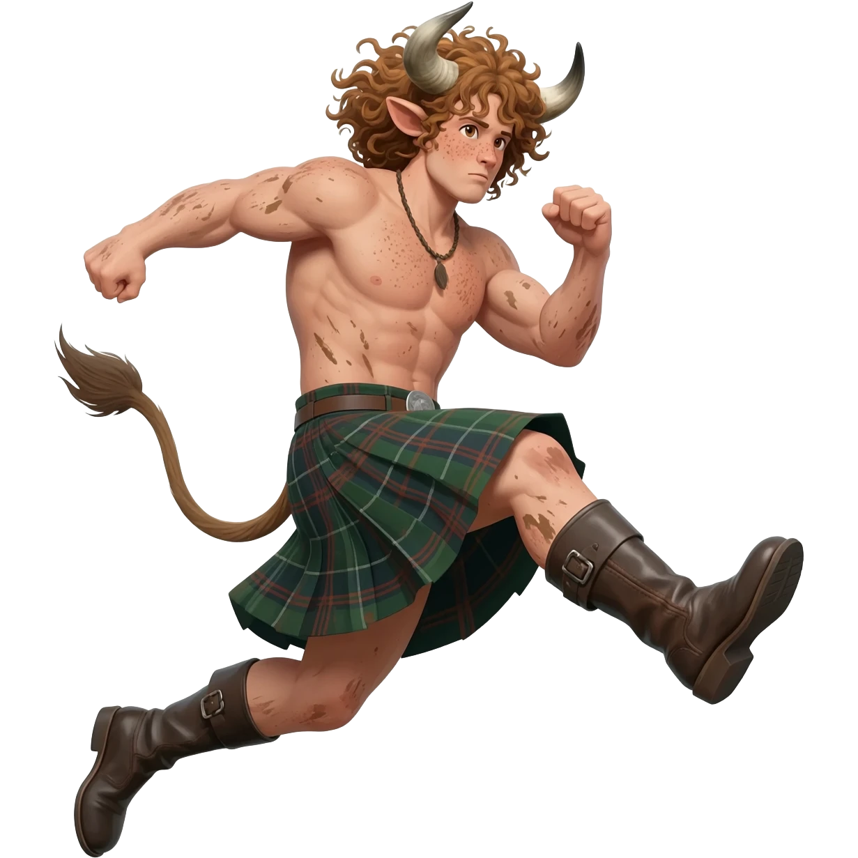 big buff curly hairy man covered in dirt with freckles with messy light brown bangs that covers his face completely with bull horns and bull ears and bull tail dressed in kilt jumped up kicking with his strong leg in boots with wind in his hair front view emoji