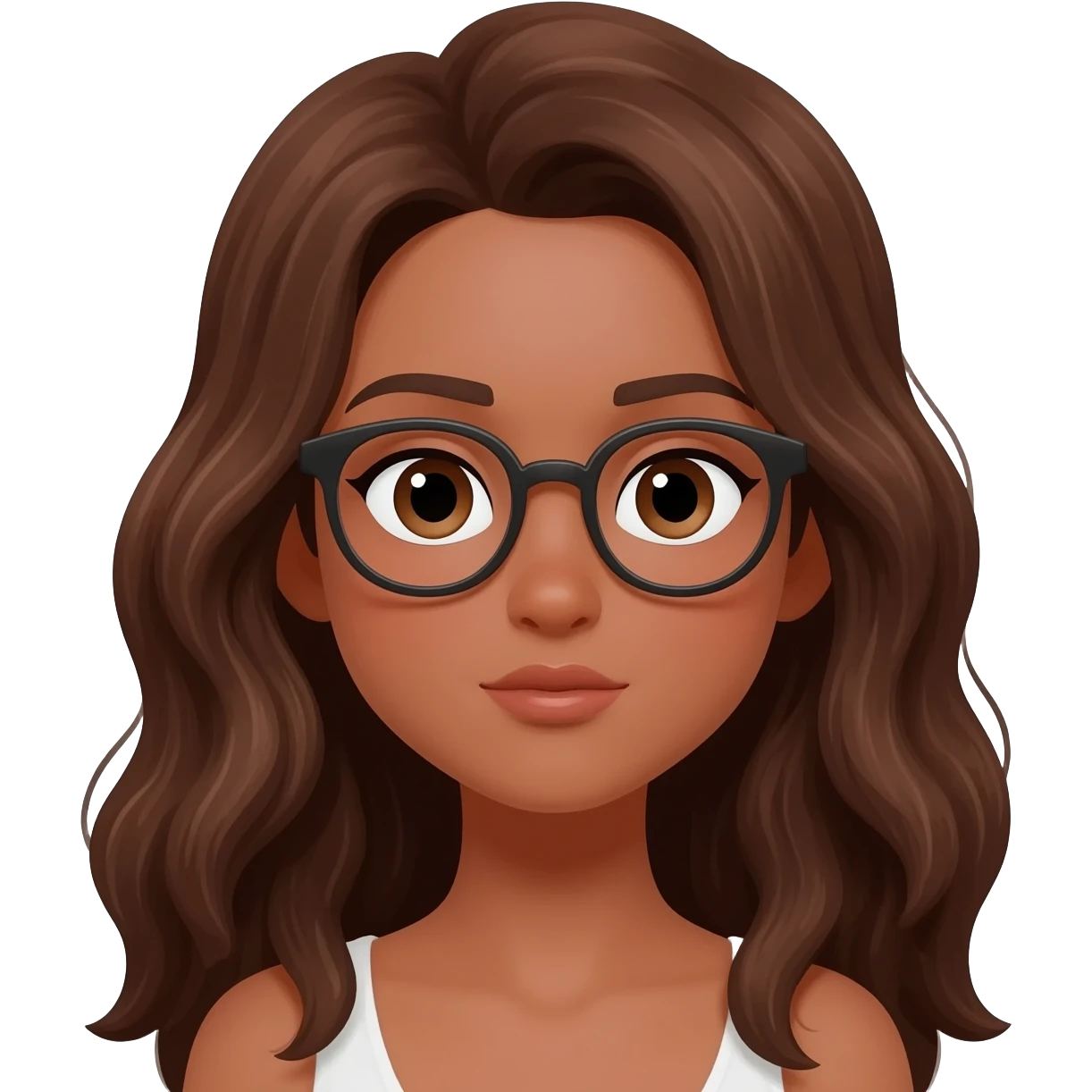 Faça uma menina de olhos grandes lábios um pouco fino, cabelos longos levemente ondulados castanhos com olhos castanhos pele morena e com óculos emoji