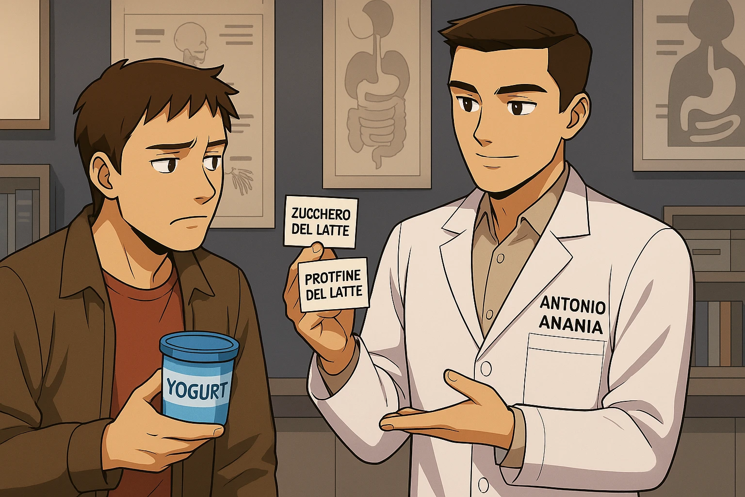 fai un webtoon manga a colori con questo stile, in cui un uomo ASCOLTA Il kinesiologo con il camice bianco (fagli anche la scritta "ANTONIO ANANIA" SUL CAMICE, IL KINESIOLOGO SPIEGA ALL'UOMO UNA COSA TENENDO DUE FOGLIETTINI IN MANO, UNO CON LA SCRITTA "ZUCCHERO DEL LATTE" E UNA CON LA SCRITTA "PROTEINE DEL LATTE". L'UOMO OSSERVA LO YOGURT CHE HA IN MANO CON ESPRESSIONE DUBBIOSA IN VOLTO. non fare i fumetti però, fai solo in modo che sembri stiano parlando emoji