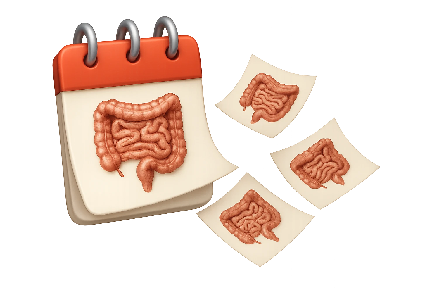 emoji stile iphone di un calendario con fogli che volano insieme, sui fogli ci sono disegnati degli intestini anatomici, iperrealistico 4k, isolato su sfondo bianco emoji