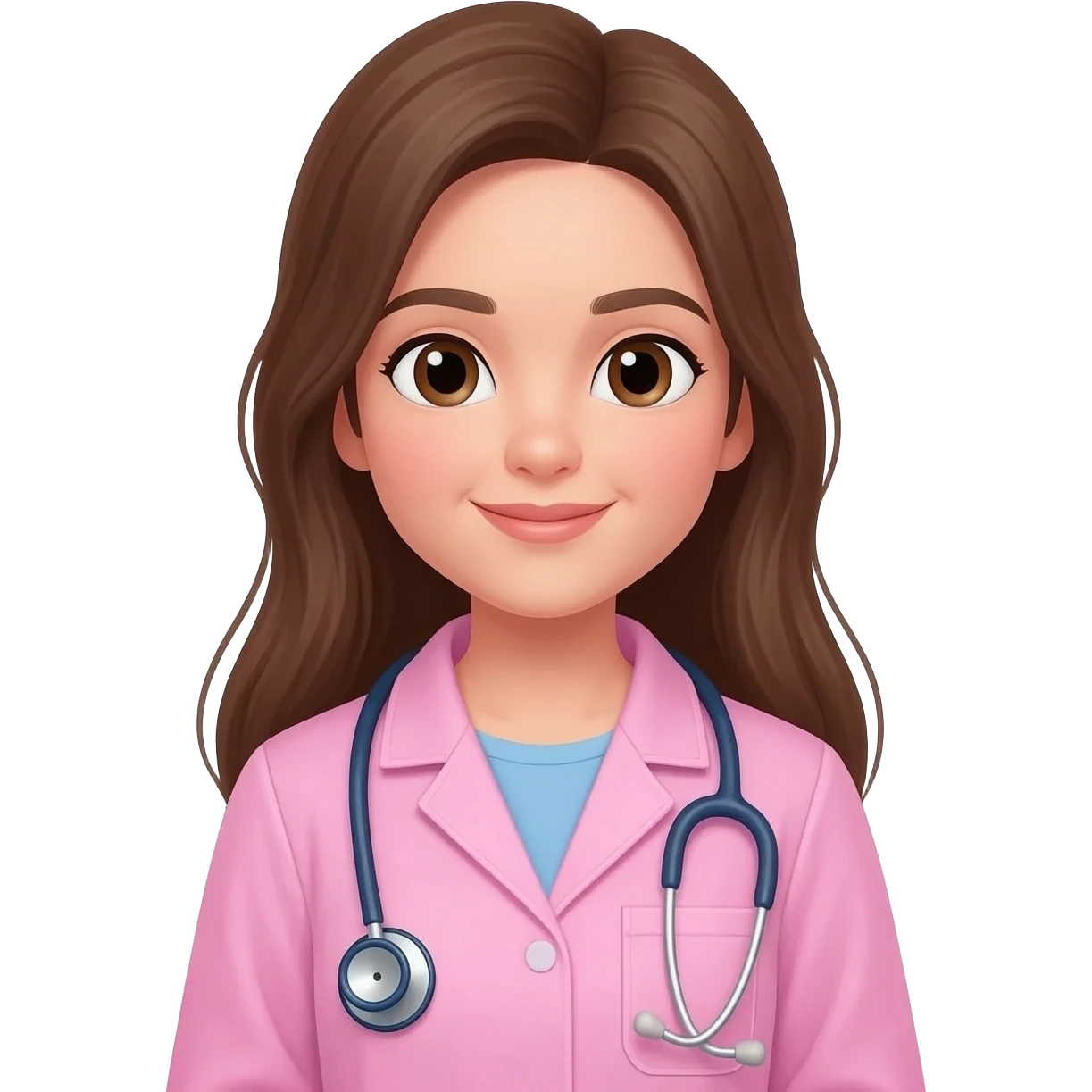A girl veterinarian with long brown hair in a pink coat with a stethoscope emoji