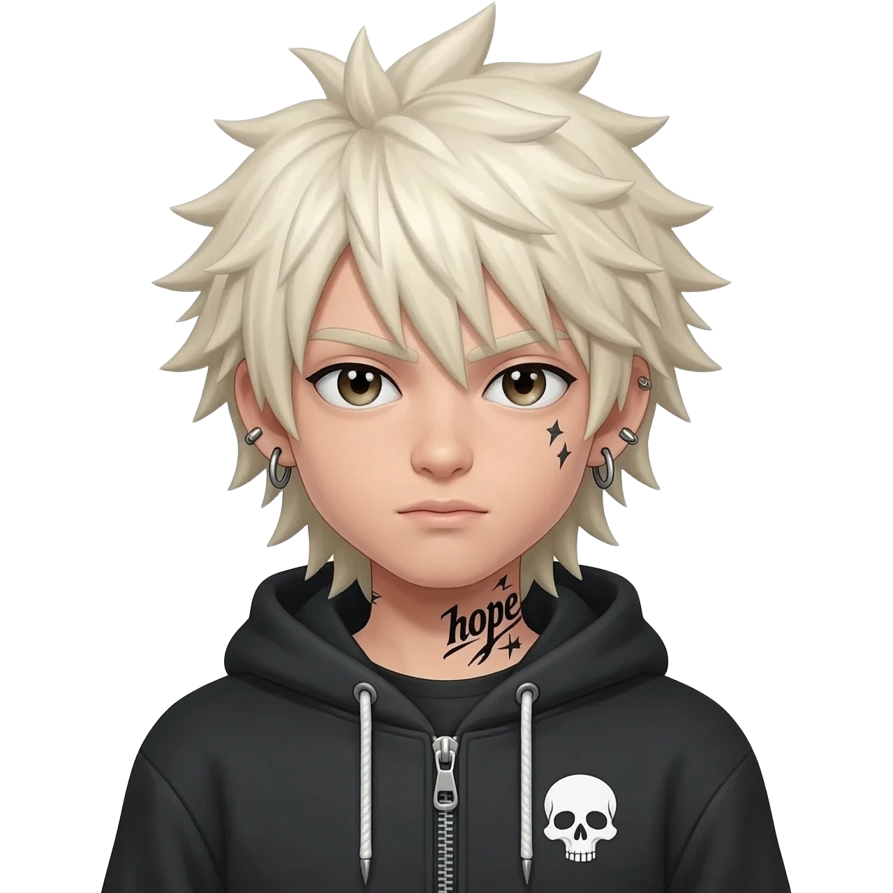boy japan spiky long platinum gold hair, hoodie zip is vignette skull wear piercings tatto "hope" emoji