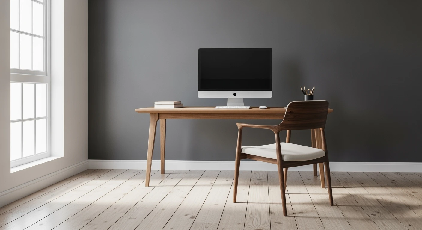 Editorial shot, Make this chair next to desk with mac setup, wooden modern floor, minimalistic room, contrast chair to wall, chair standing front to camera, soft bright light in room emoji