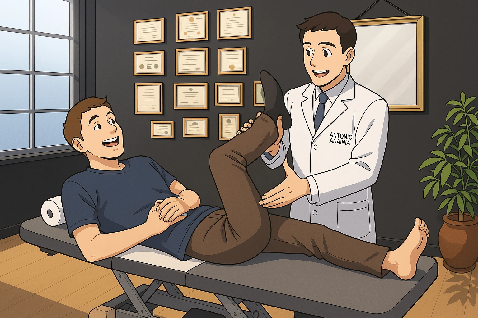 su questo lettino rappresenta un webtoon manga a colori con questo stile, in cui un uomo è steso sul lettino medico e il kinesiologo con il camice bianco (fagli anche la scritta "ANTONIO ANANIA" SUL CAMICE, gli solleva una gamba per fargli il test neuromuscolare, IL KINESIOLOGO SPIEGA ALL'UOMO UNA cosa mentre gli alza la gamba. l'espressione dell'uomo è felice e soddisfatta, non fare i fumetti però, fai solo in modo che sembri stiano parlando emoji