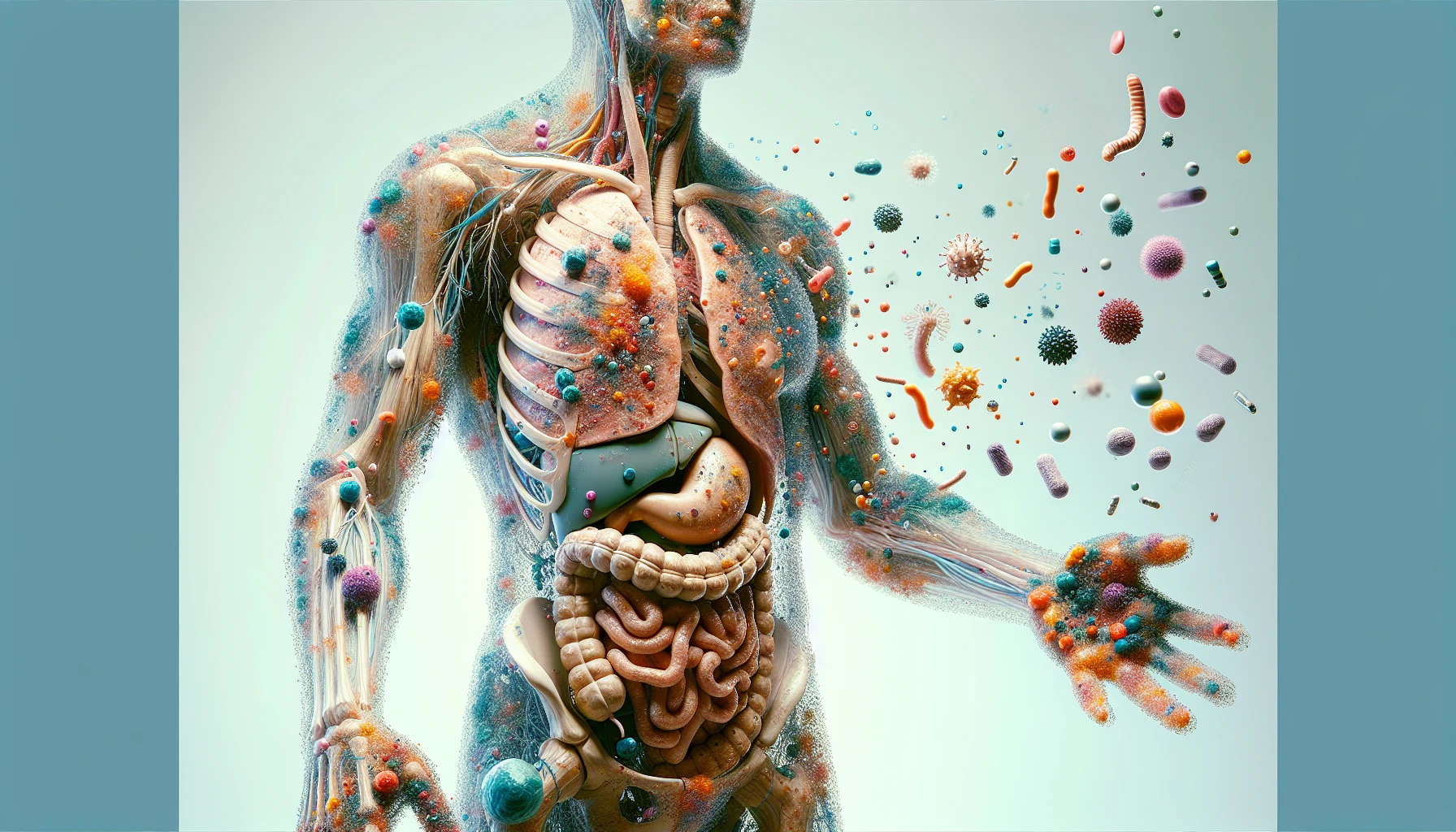 corpo umano anatomico che accumula tossine e virus e malattie nel corpo , sfondo neutro chiaro, iperrealistico 4k emoji