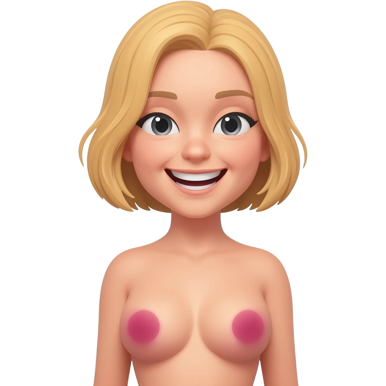 vrouw, helemaal naakt,slank, blond bob line, lach, kleinere ogen cupmaat B, staat met lichaam naar voren, donker roze tepels emoji