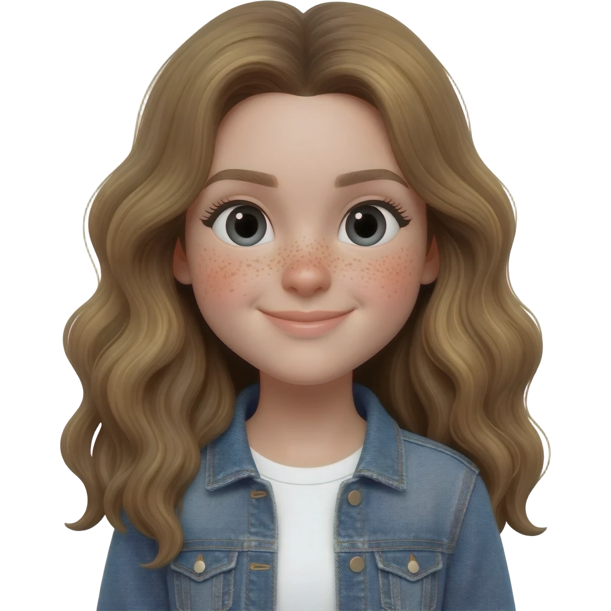 chica con pelo rubio oscuro largo i ojos negros con ropa casual sonriente emoji