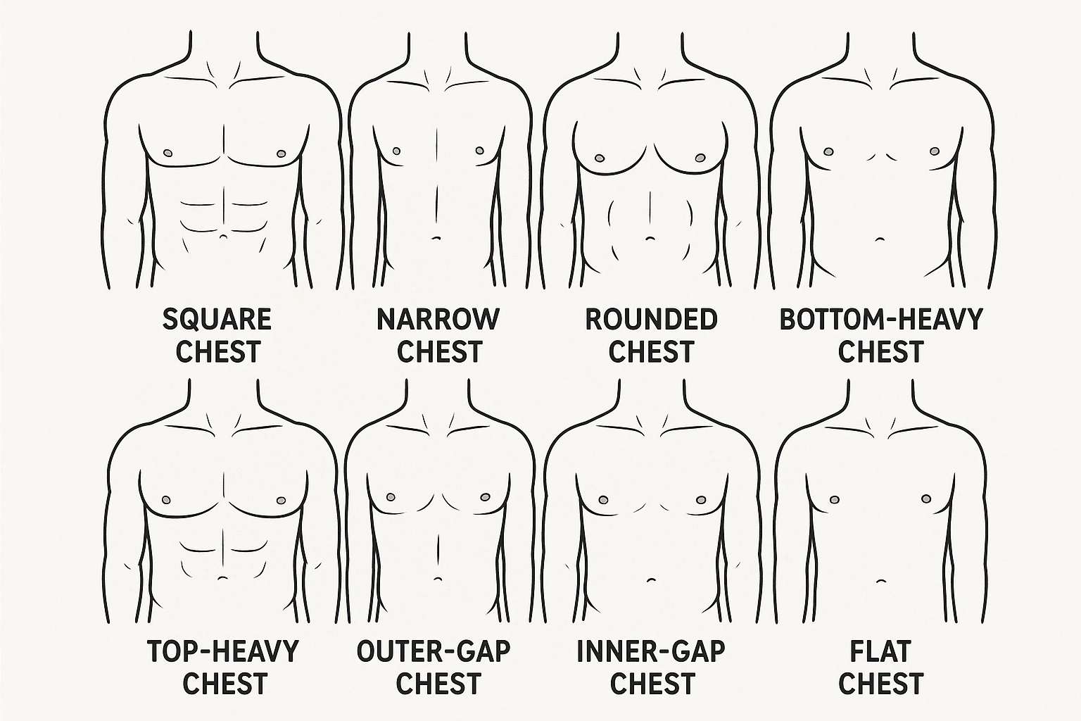 Make image of types of male chest shapes, few examples: Square chest, Narrow chest, Rounded chest, Bottom-heavy chest, Top-heavy chest, Outer-dominant chest, Inner-gap chest, Flat chest. emoji