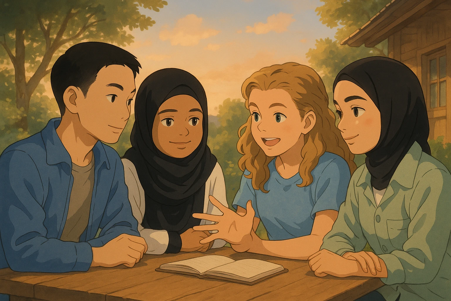 Quatre étudiants inspirés des photos, échangeant des idées dans une atmosphère relax, fond doux et accueillant, style Ghibli, ambiance de fin d'après-midi. emoji