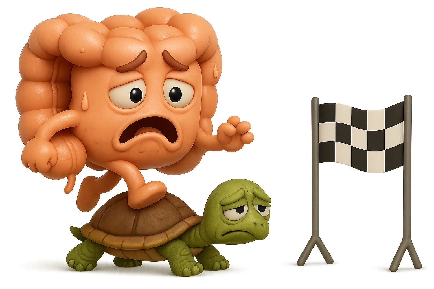  EMOJI STILE IPHONE 3D DI UN INTESTINO CON ESPRESSIONE ANGOSCIATA CHE CAMMINA SUL GUSCIO DI UNA TARTARUGA IN ATTESA ESTENUANTE DI RAGGIUNGERE UN TRAGUARDO POCO PIù AVANTI, SULLA LORO DESTRA. IL TRAGUARDO è UNA BANDIERA A DUE PIEDI CON FASCIA A SCACCHI BIANCHI E NERI. iperrealistico 4k emoji