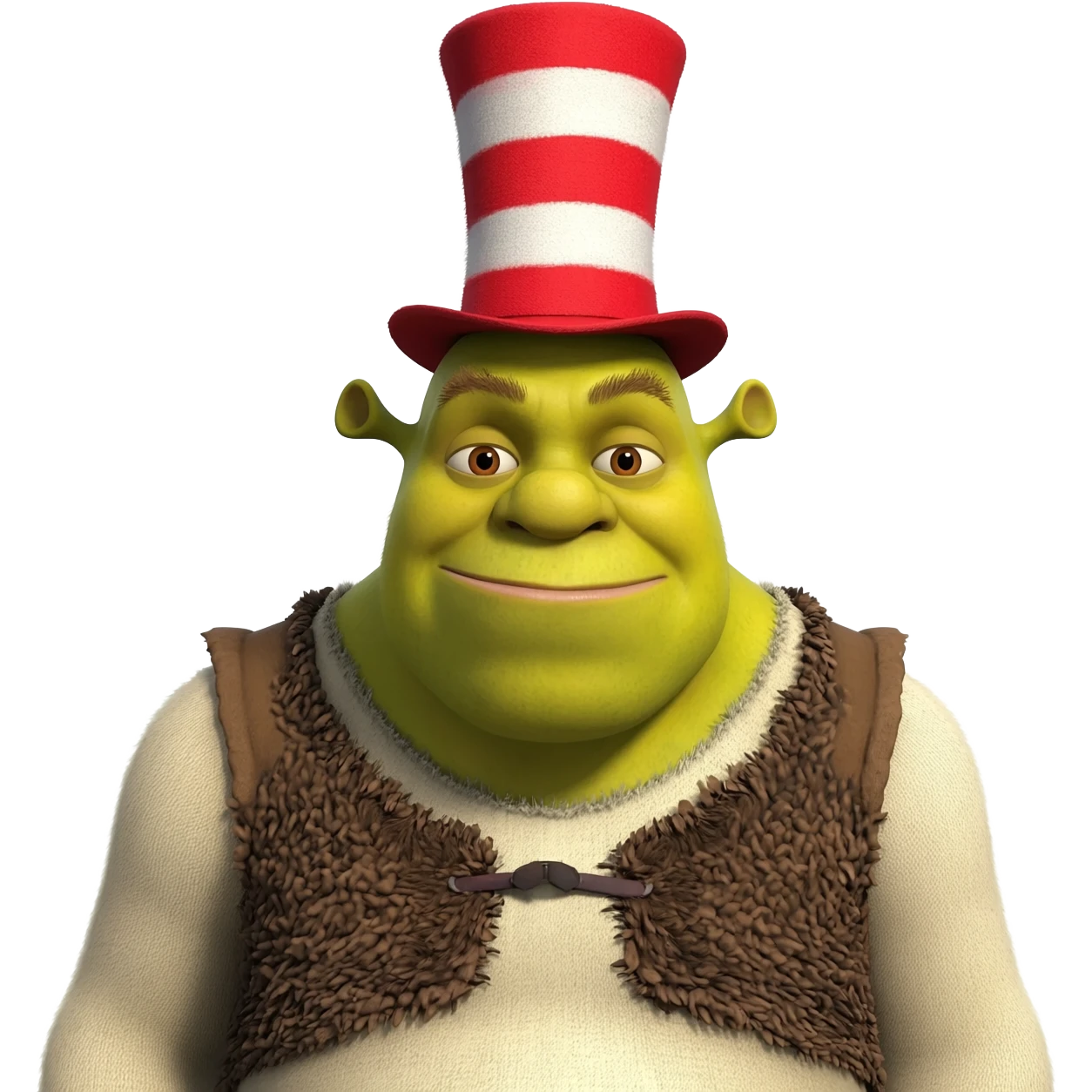 Shrek’s broad build and swampy texture—mixed with the tall, lanky proportions of the Cat in the Hat. He has small ogre ears poking through a slightly tattered red-and-white striped top hat. Hyper-realistic fur and skin textures, expressive CGI facial animation, comedy ogre cartoonish elasticity. emoji