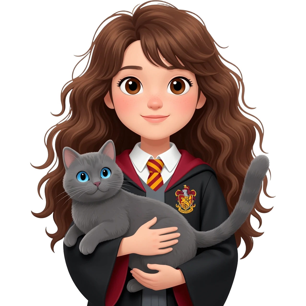 Asian girl with long messy wavy brown hair and brown eyes wearing Ravenclaw robe, holding a gray cat with blue eyes in hands emoji