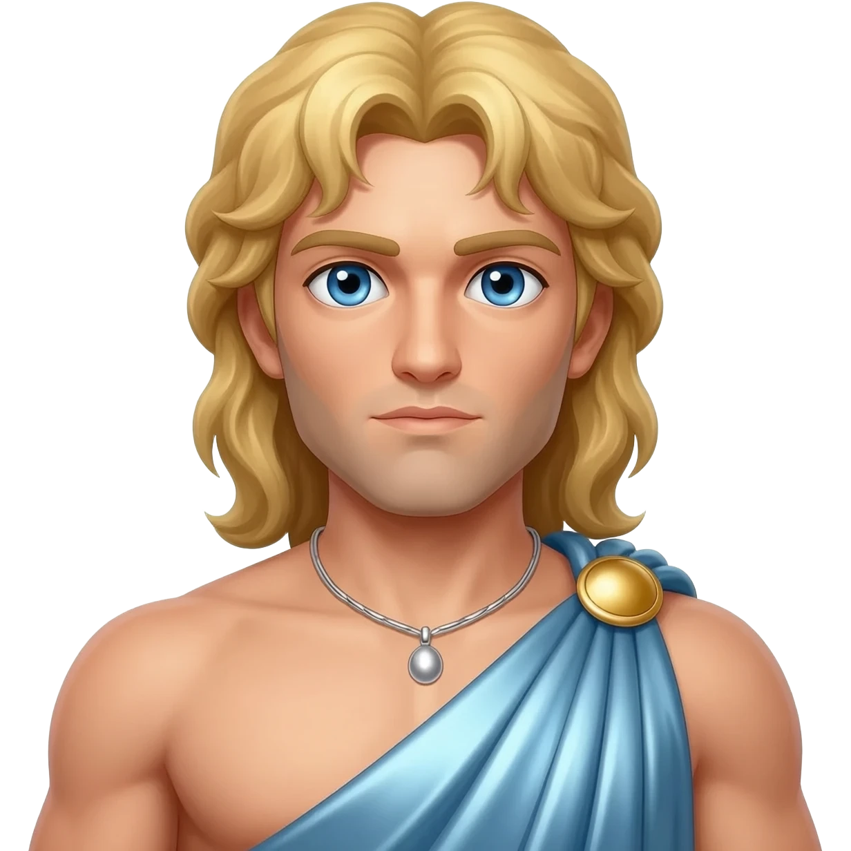 Zeus from Greek Mythology with blue eyes, long blonde hair, light steel blue metallic toga, silver necklace emoji