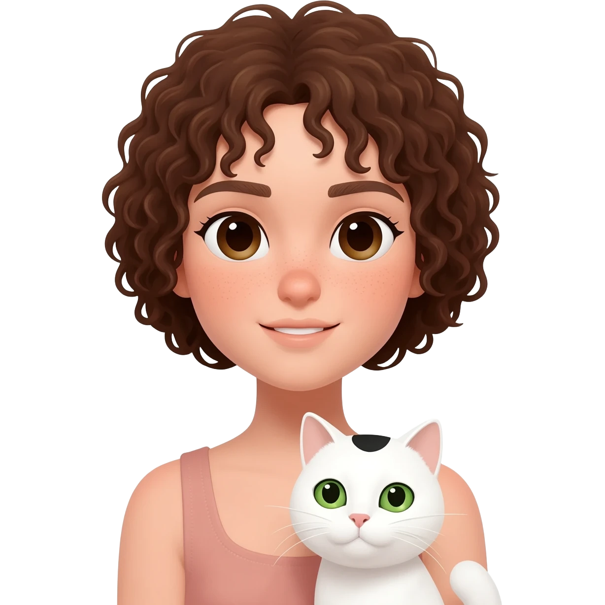 A girl with short, curly brown hair and dark brown eyes is holding a white cat with green eyes and a small black mark on the head. emoji