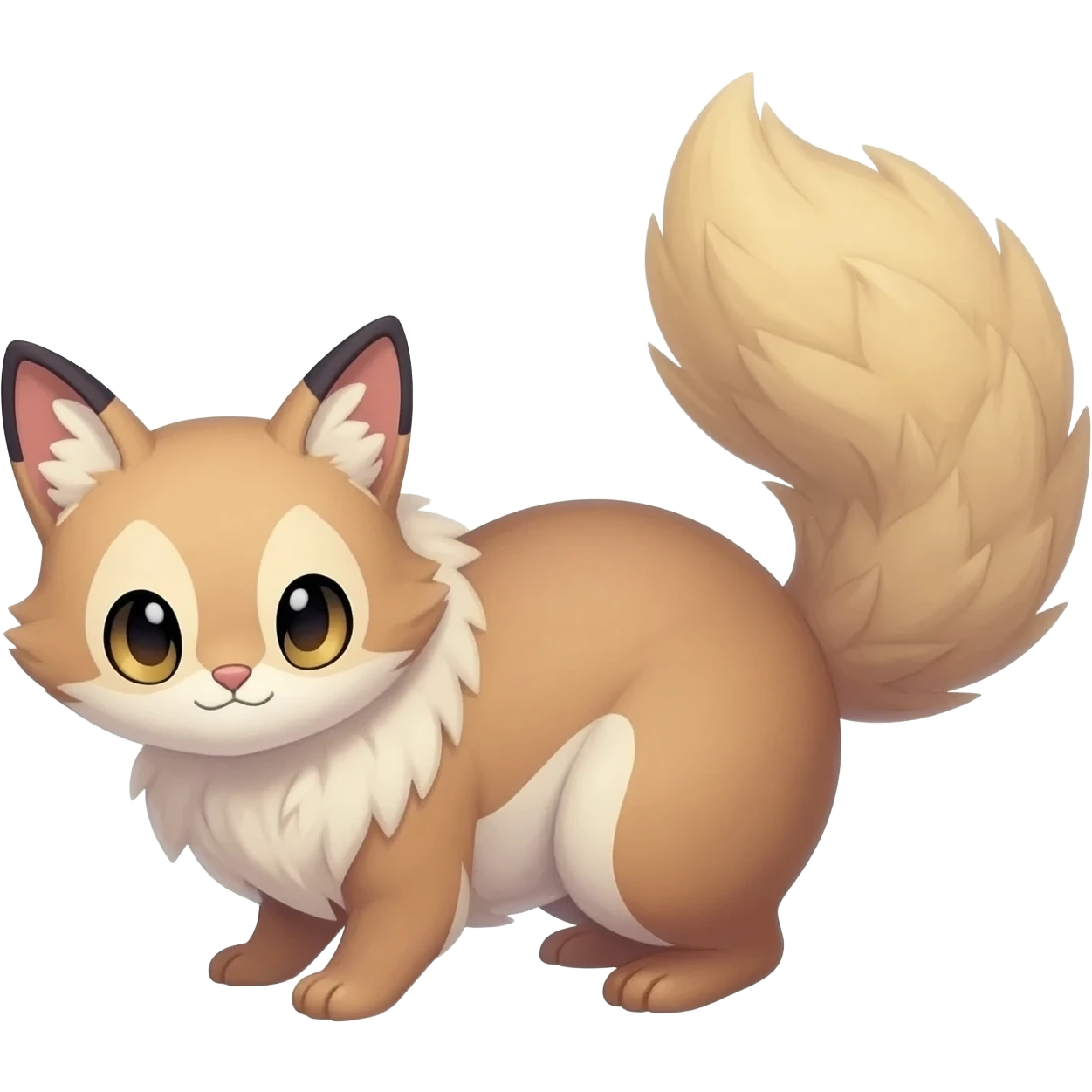 beautiful elegant pretty precious cute  Fakémon-Pokémon-opossum-feline-serval-caracal-chinchilla-Furret-Minccino-hybrid-creature with a big fluffy bushy tail (full body) emoji
