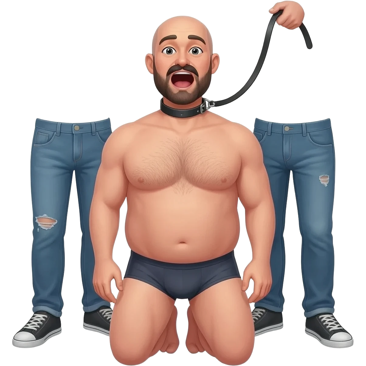2 men in jeans with only legs visible control a shorter bald stocky 35 year old man on his knees with a collar and leash. He has mouth wide open, mustache and beard, in underwear, slightly hairy chest emoji