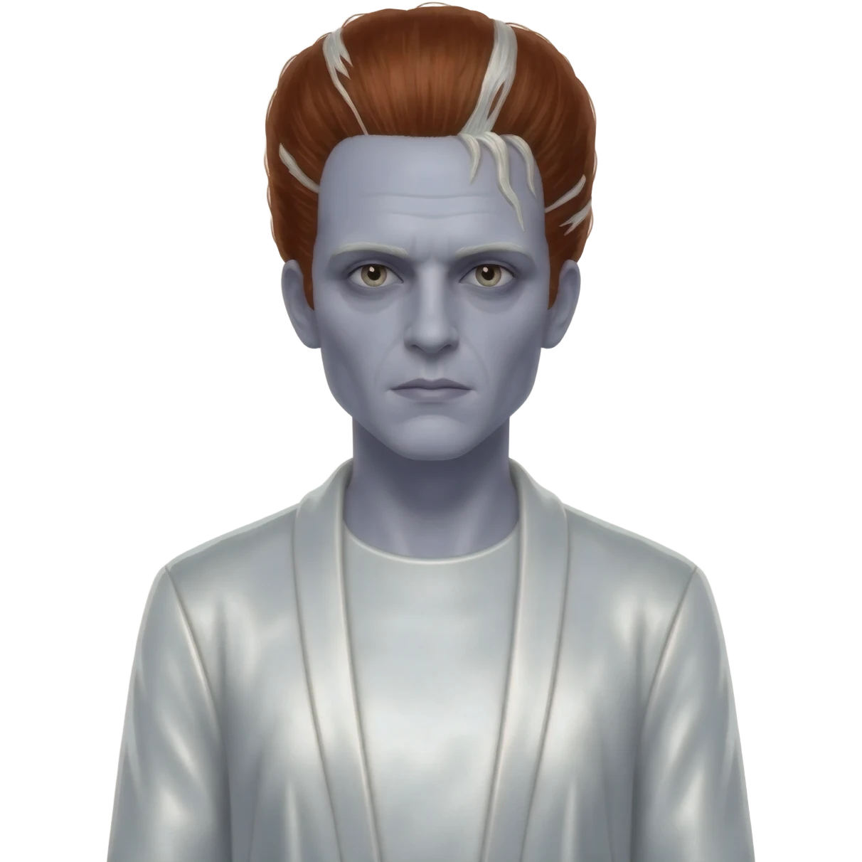 The Bride of Frankenstein from Universal Monsters with dark auburn hair with white streaks, white metallic long dress emoji