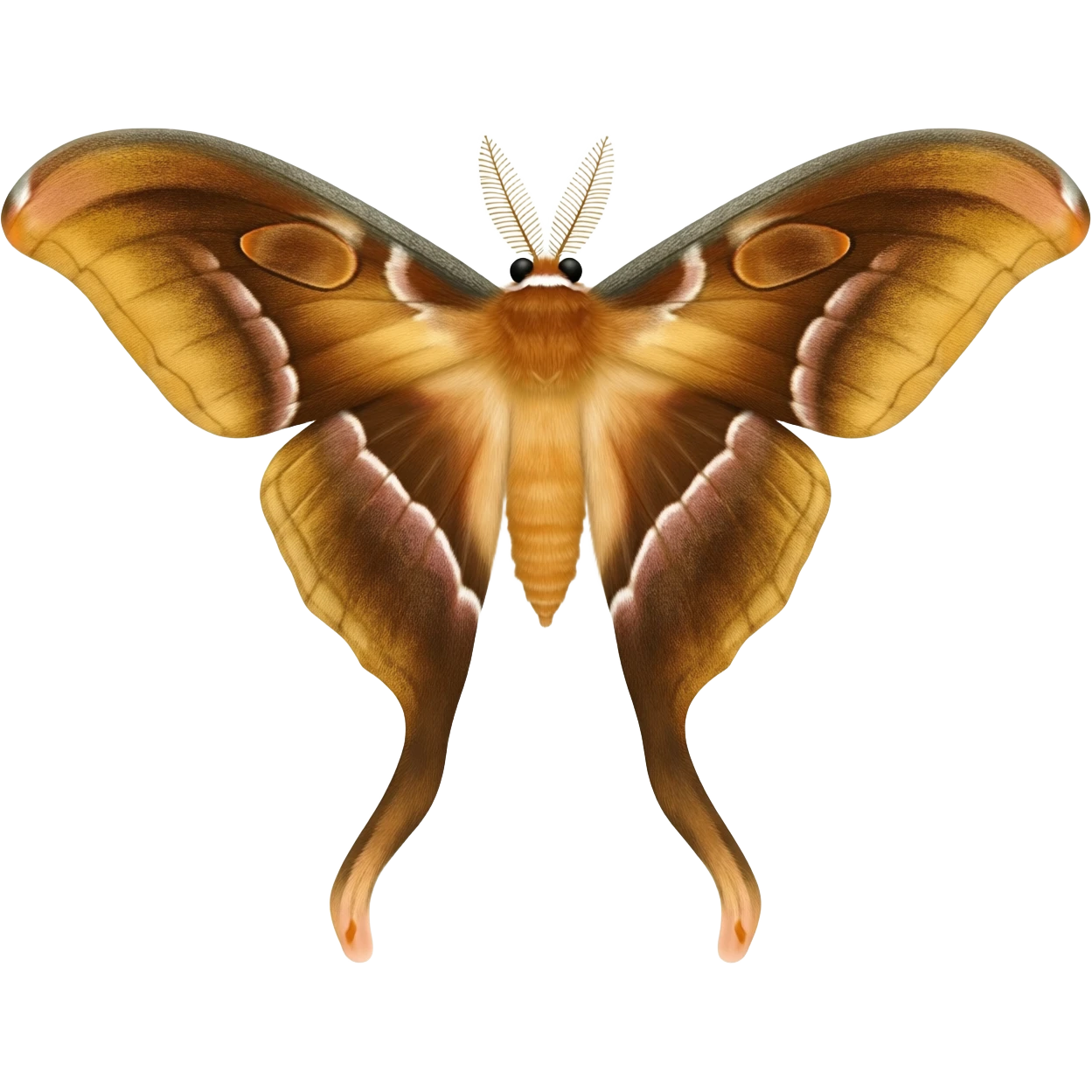 chinese moon moth from above, with accurately detailed wings and colouring, long tendril like lower wings, and little black eyes on top of head emoji