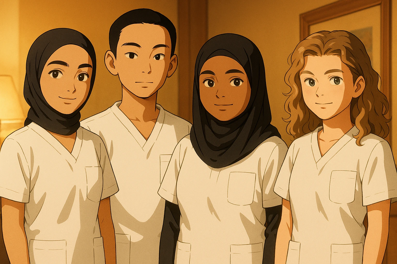 Four nursing students standing side by side in a warm indoor setting, wearing white medical uniforms with short sleeves, V-neck collars, and left chest pockets. No stethoscopes, no undershirts, no collar stands, forearms bare. Style: Ghibli, warm ambiance, indoor environment. emoji