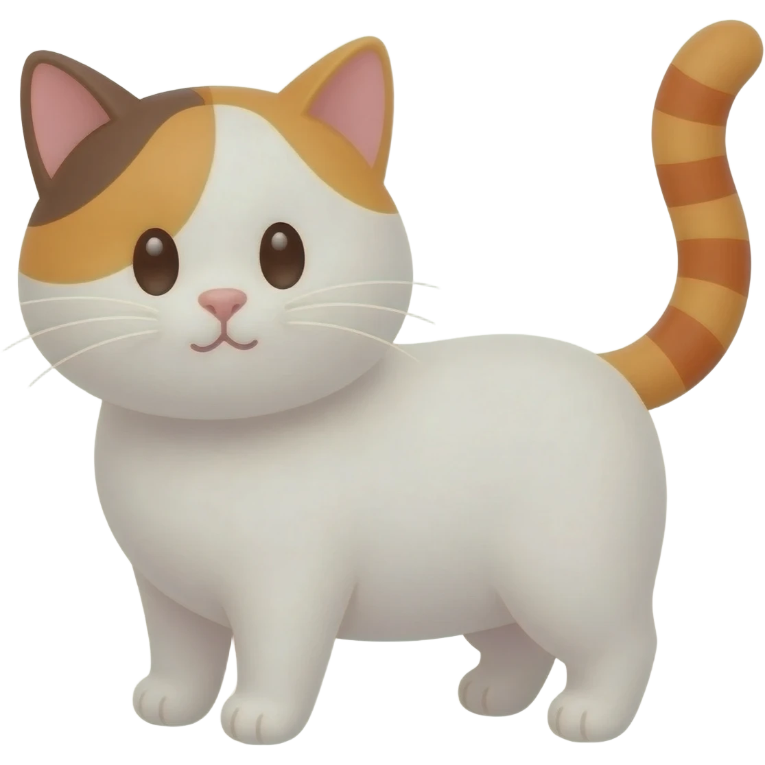detailed emoji illustration of a cute white cat with brown and ginger patches standing and looking forward, striped ginger tail, soft rounded shapes, adorable expression, cute emoji style emoji