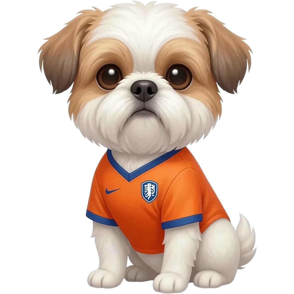 white and light brown shih zhu wearing a Netherland soccer jersey v neck 2026 work cup emoji