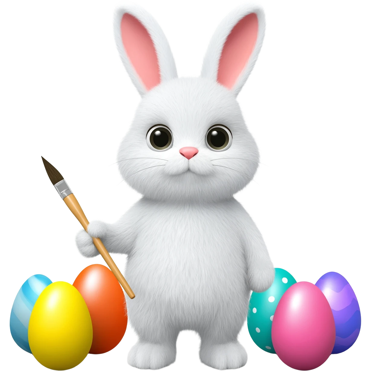 Withe bunny holding a brush with colored eggs emoji