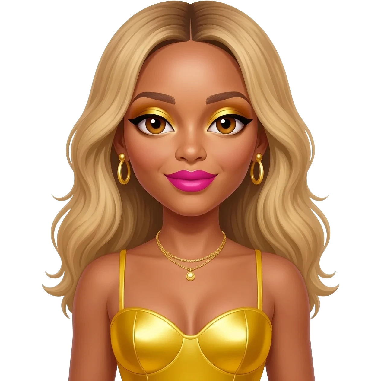 Beyonce with hazel brown eyes, long blonde hair, gold eyeshadow, hot pink lipstick, yellow metallic sweetheart dress, gold necklace and earrings emoji