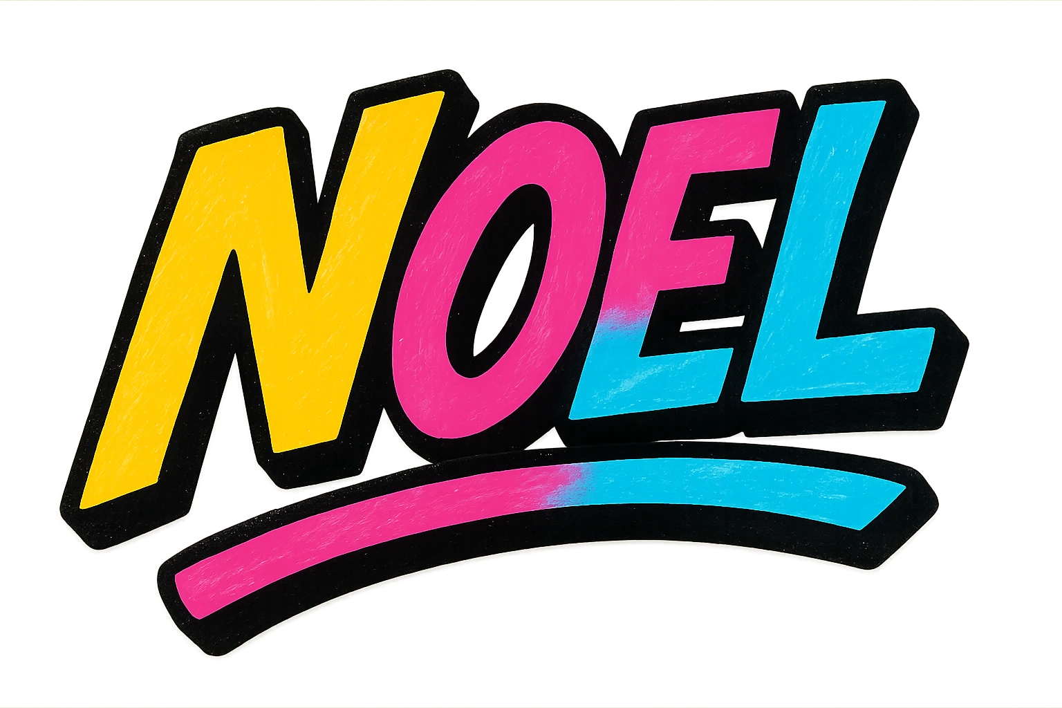 Noel name in modern colorful gradient font with dark outline, dynamic slanted or partial underline, in the style of reference patterns emoji