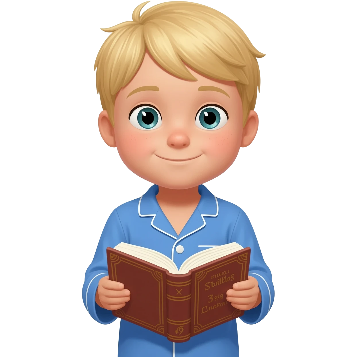 Create an emoji of the same blonde 3 year old as the first one you did. happy boy with blue-greenish eyes with blue pajamas on reading a kids bible emoji