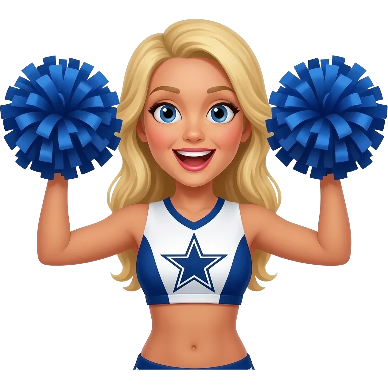 Dallas cowboys cheerleader blonde short top blue and wite super exited waving hands with blue pompoms emoji