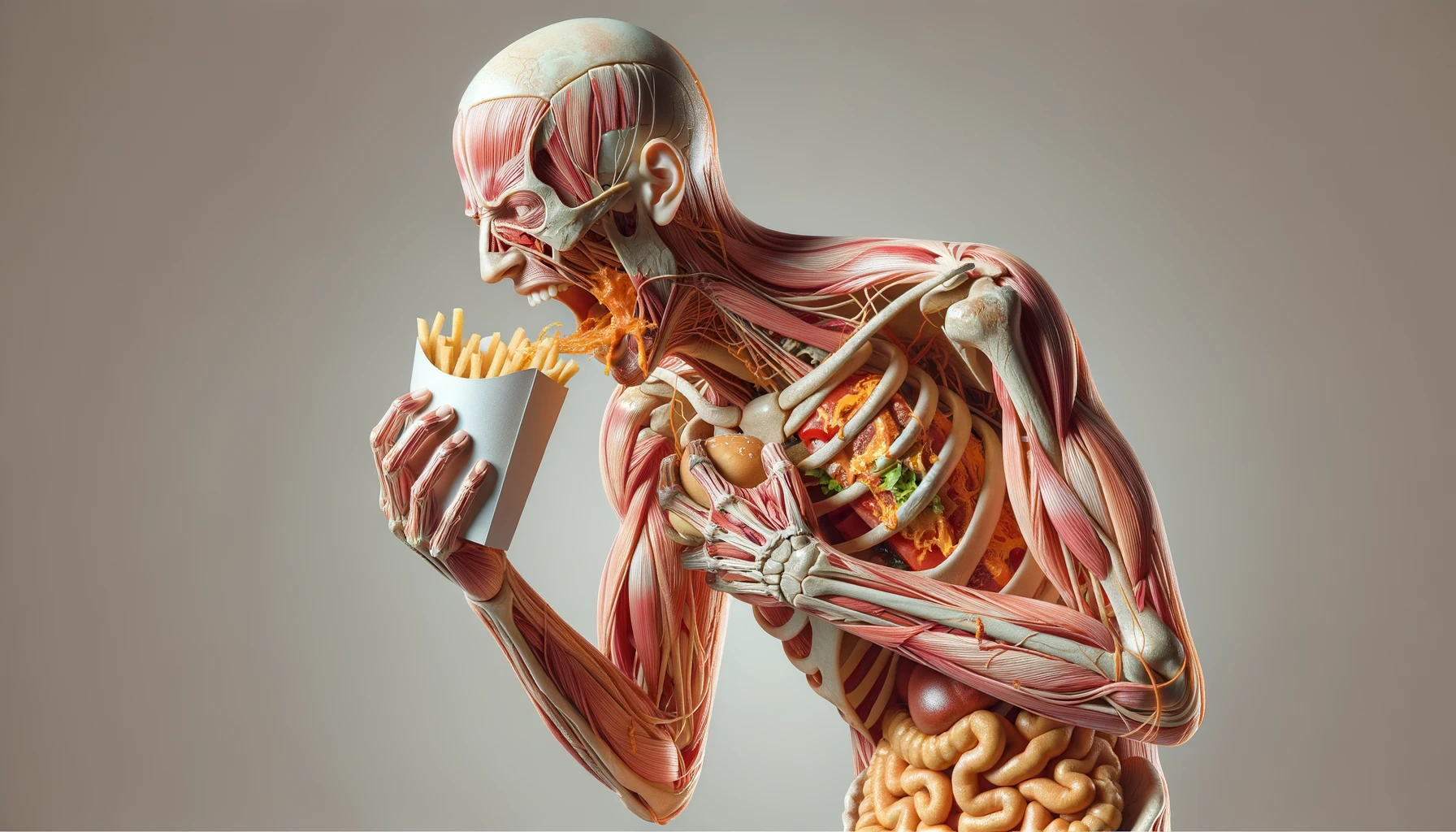 CORPO UMANO ANATOMICO CHE MANGIA FAST FOOD E STA MALE, SFONDO NEUTRO CHIARO, IPERREALISTICO 4K emoji
