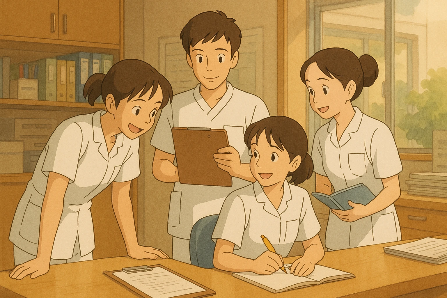 Ghibli illustration of four nursing students in a care station, all wearing white short-sleeve uniforms, medical tunics with V-neck and left chest pocket, no collar stand or stethoscopes, no fabric under sleeves, friendly atmosphere, visible collaboration emoji