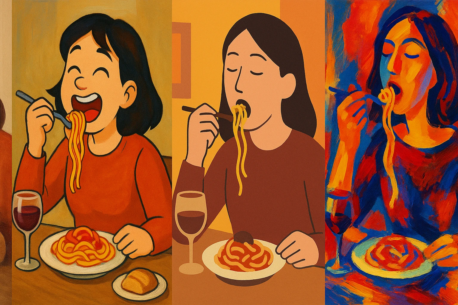 a woman eating food, diverse styles, scene 2 emoji