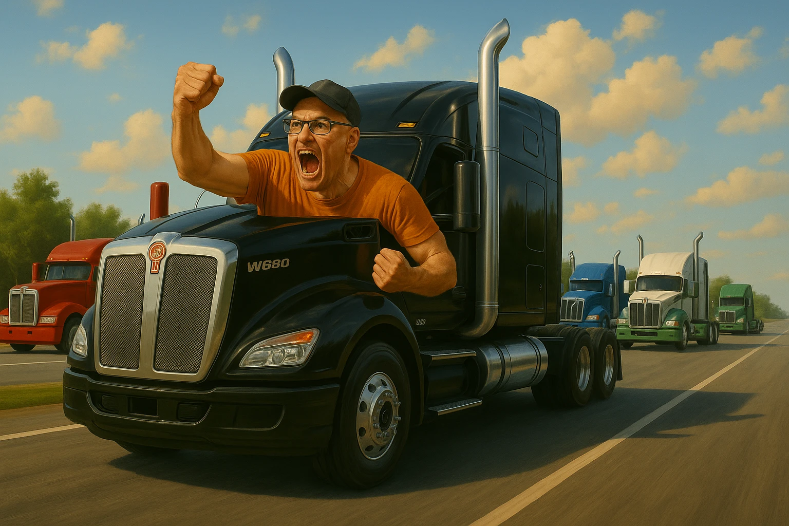 Add several more semi trucks of different colors and models driving on the highway alongside the original 2026 Kenworth W680 black sleeper semi. Keep the scene vibrant, energetic, and realistic, maintaining the style and atmosphere of the original image. emoji