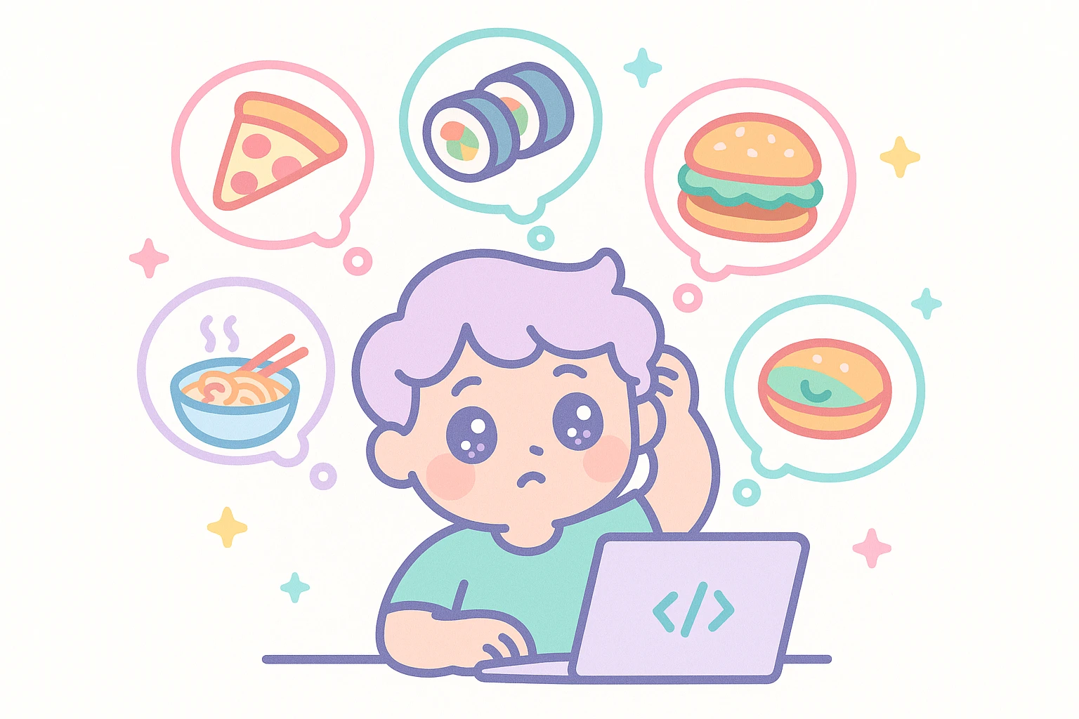 cute and witty style developer thinking about lunch menu, scratching head in front of laptop, surrounded by various food icons like pizza, gimbap, hamburger, ramen emoji