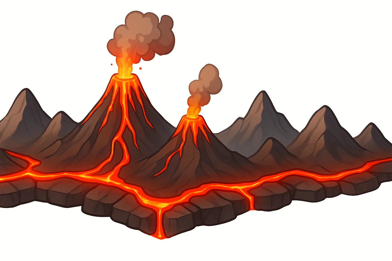 A stylized illustrated volcanic arc strip: a long chain of mountains with several erupting and dormant volcanoes, connected by glowing lava seams like a crack. The lava is vivid red-orange, slightly molten and glossy. The ridge feels like a map overlay symbol for plate boundaries and active volcanism. Clean cartoon-realistic style, smooth shading, sharp silhouette. No text, no labels. Pure white background (#FFFFFF). Wide banner composition, high resolution, 4K. emoji