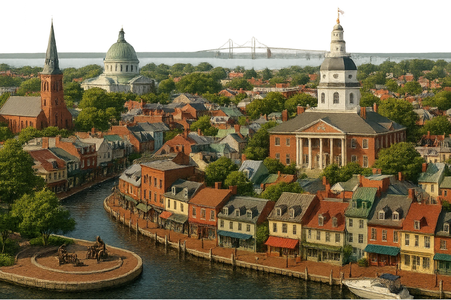 cinematic realistic emoji of Annapolis, panoramic cityscape with Maryland State House, United States Naval Academy Chapel, Ego Alley, St. Anne's Church, Kunta Kinte-Alex Haley Memorial, Chesapeake Bay Bridge in the distance. Lifelike detail, accurate colors, bright daylight, no sky, no clouds, no text, transparent background emoji