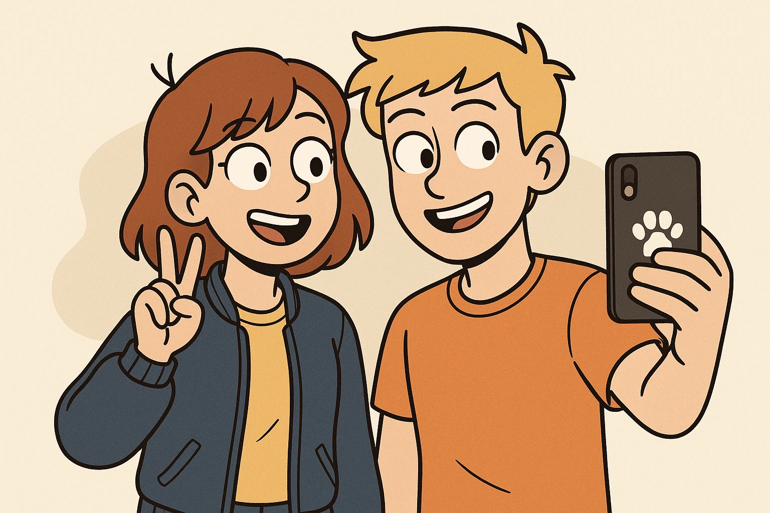 A girl yellow t-shirt blue girls bomber jackets ✌️A boy dark yellow hair Orange T-Shirt white dogs paw 🤳 emoji