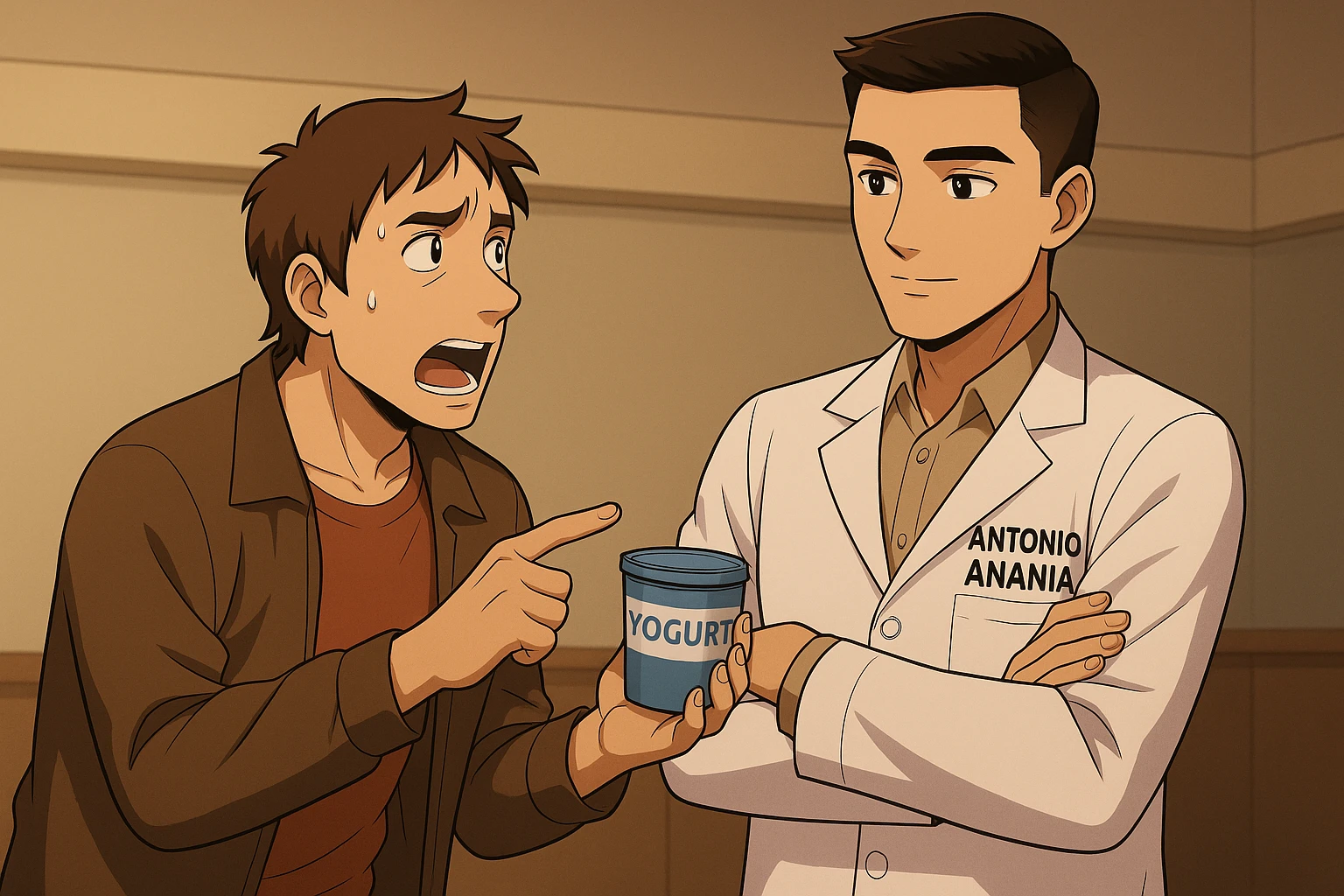 fai un webtoon manga a colori con questo stile, in cui un uomo fa una domanda al kinesiologo con il camice bianco (fagli anche la scritta "ANTONIO ANANIA" SUL CAMICE, l'uomo chiede una cosa mostrando un formaggio e uno yogurt al kinesiologo con il camice, IL KINESIOLOGO annuisce e SPIEGA ALL'UOMO UNA cos. L'UOMO ha un ESPRESSIONE CONFUSA IN VOLTO. non fare i fumetti però, fai solo in modo che sembri stiano parlando emoji