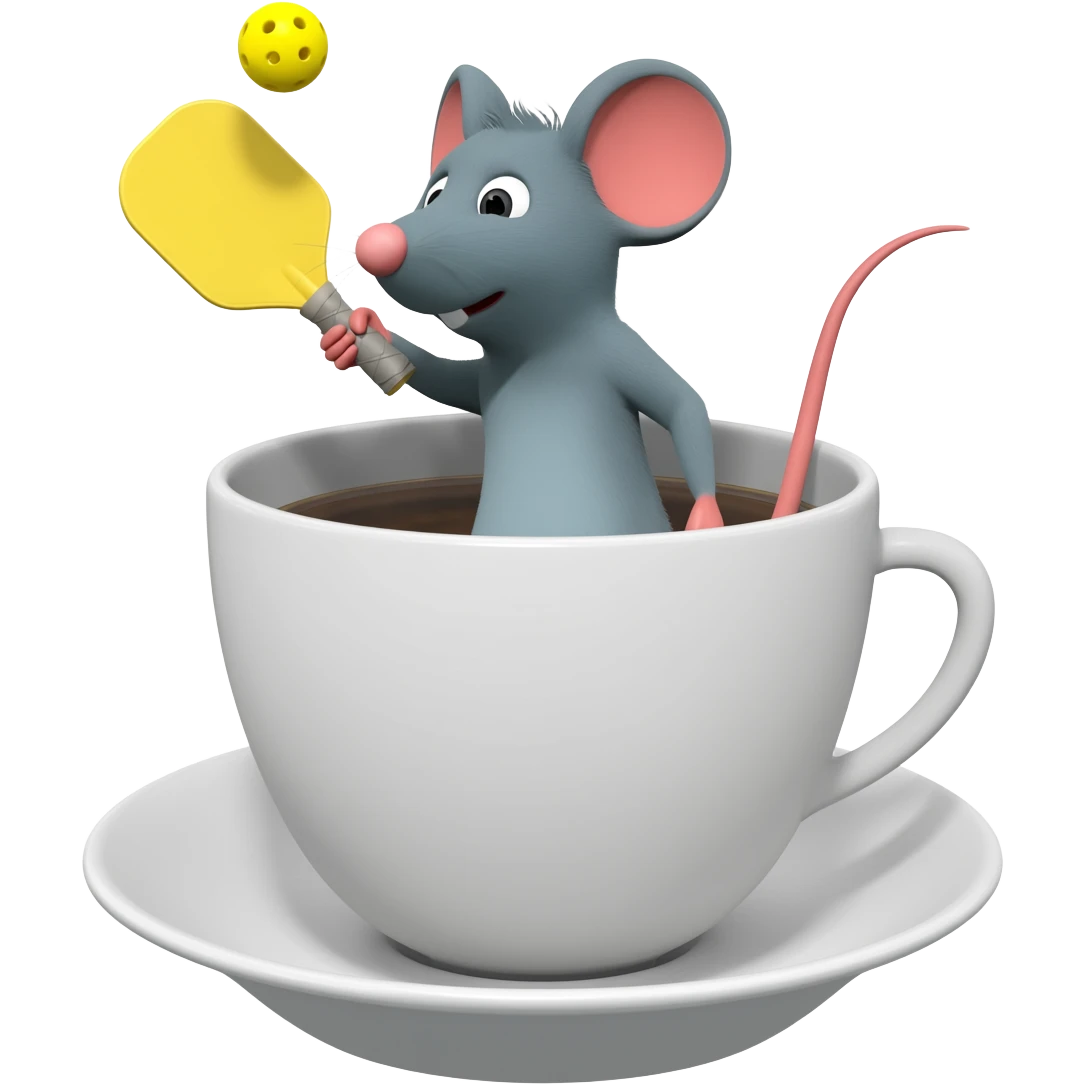Picklball playing mouse in a coffee emoji