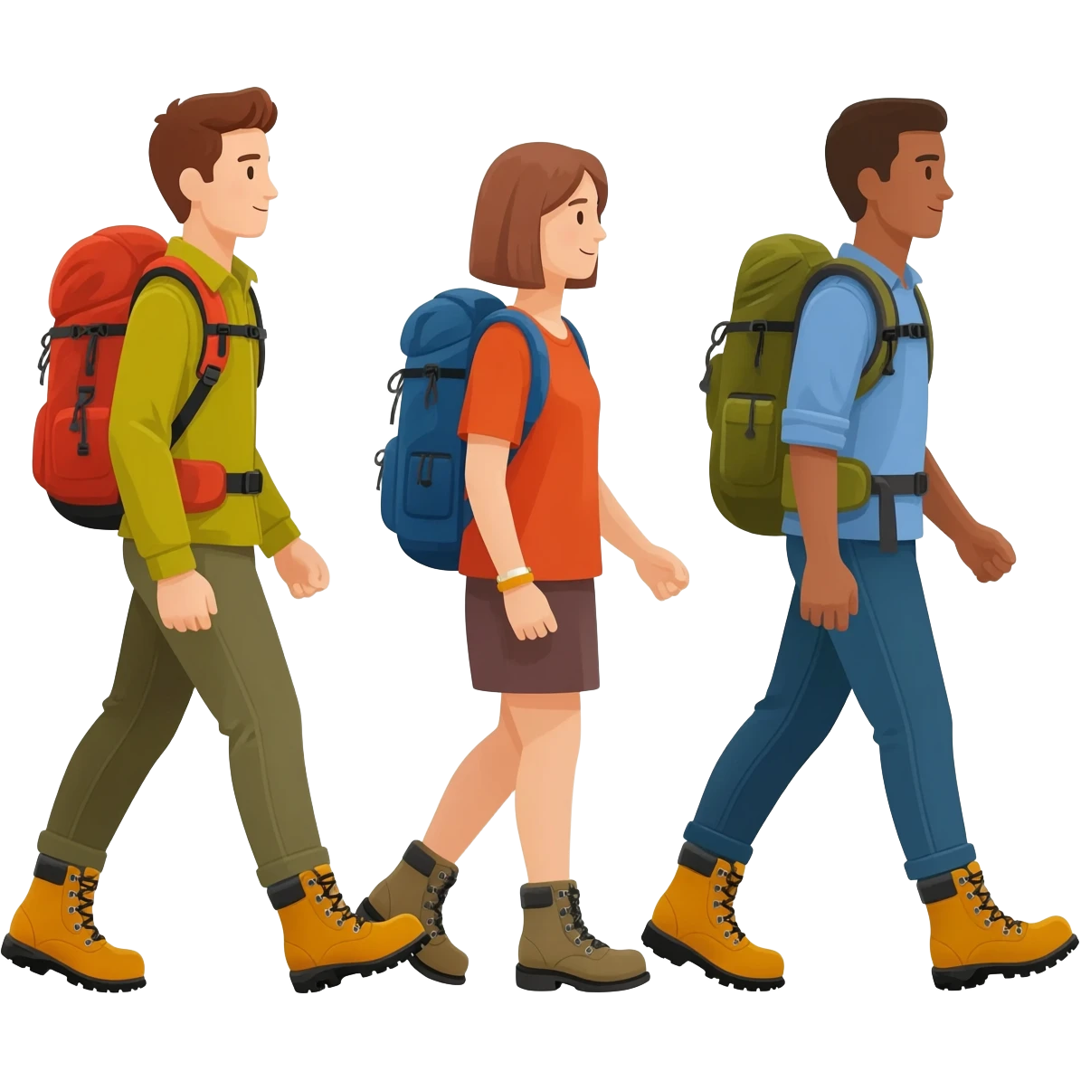three startup team members walking from left to right with hiking boots and rucksacks to emoji