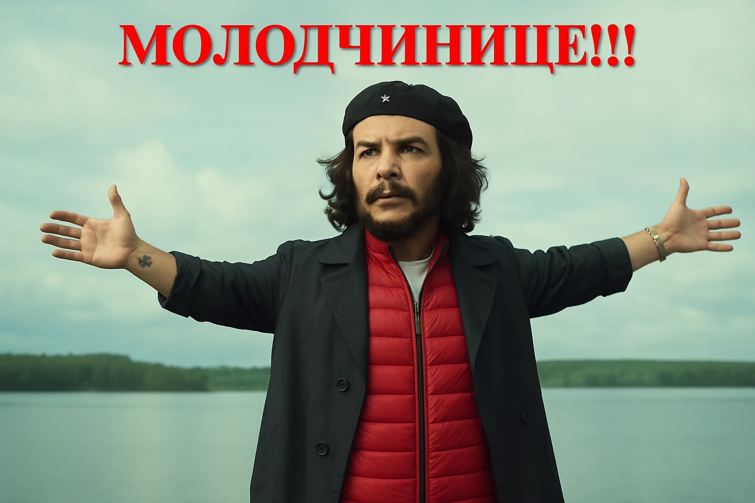 Сгенерируй мне в такой же позе и в такой же одежде Че Гевара (как на 2 фото). Сохраняй нормальные пропорции тела, голова не должна быть слишком большой, все должно смотреться гармонично и реалистично  emoji