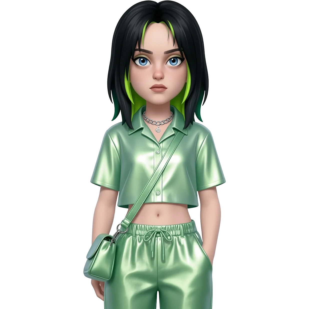 Billie Eilish with blue eyes, black hair with green highlights, light green metallic shirt, light green metallic baggy pants, silver necklace emoji