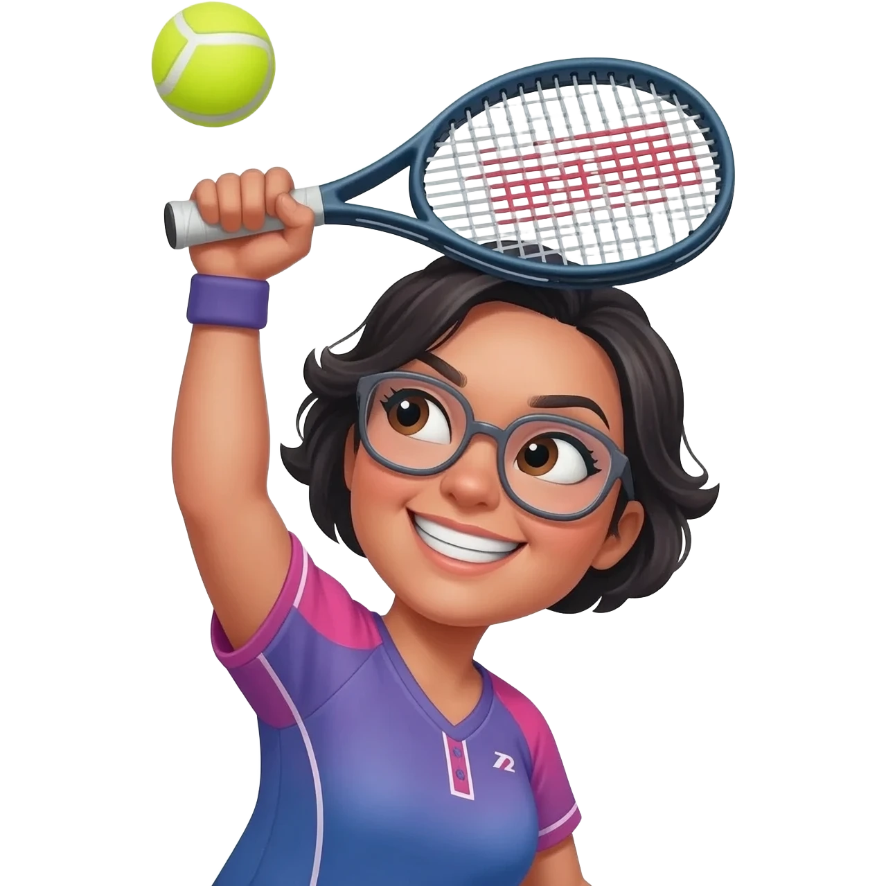 closeup picture of a female with short dark hair and glasses,  as Padel player, with Padel racket (not tennis) smashing the ball, maximally hard from above her head and really enjoying it! emoji