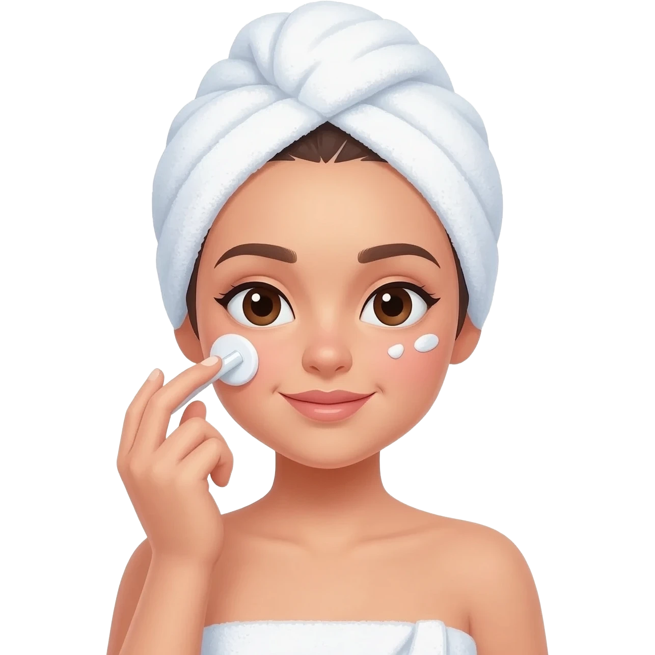 A girl wrapped in a towel doing her skincare routine, head and body covered. emoji
