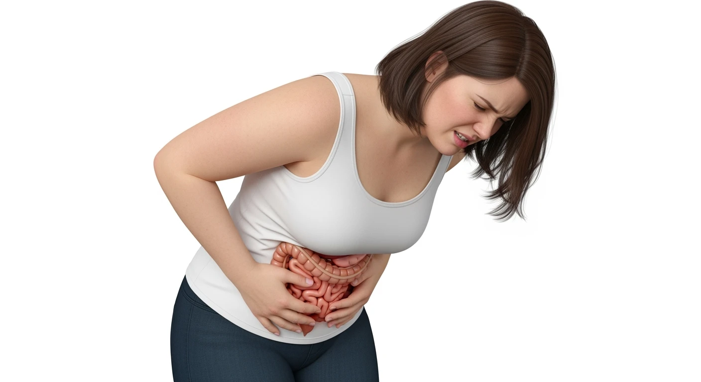 DONNA LEGGERMENTE SOVRAPPESO PIEGATA IN AVANTI FRONTALMENTE CON INTESTINO ANATOMICO IN EVIDENZA, MAL DI PANCIA iperrealistico 4k, ISOLATA SU SFONDO BIANCO emoji