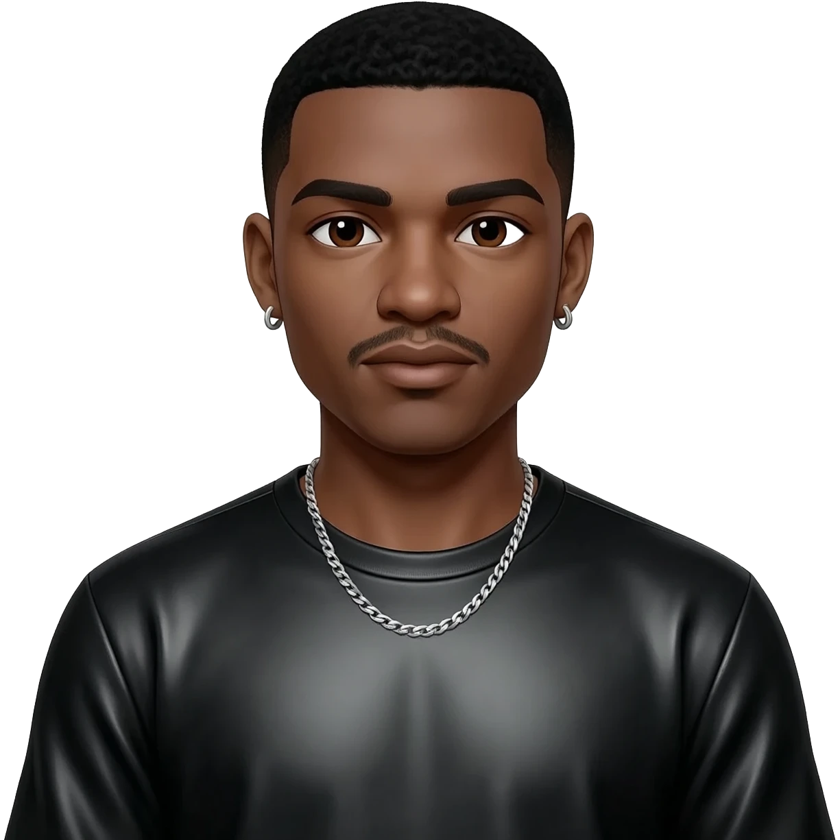 Keith Sweat with dark brown eyes, black hair, black metallic shirt, silver necklace and short earrings emoji